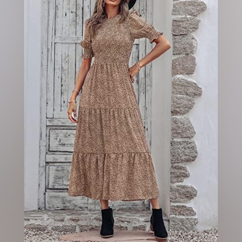 Btfbm Bohemian Leopard Print Tiered Smocked Maxi … - image 4